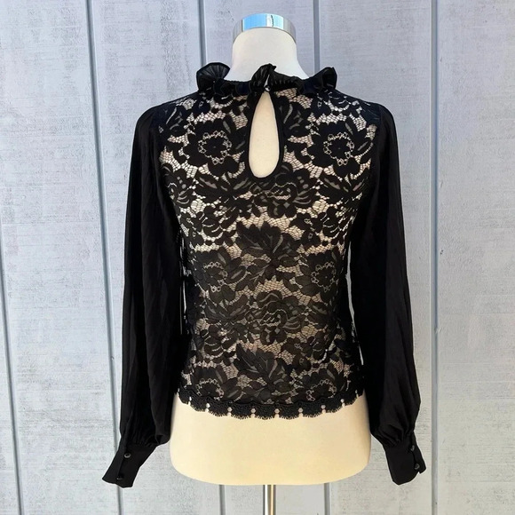 Story On Pleated Sleeve Lace Blouse Top Sheer Black See-Through - Picture 3 of 11